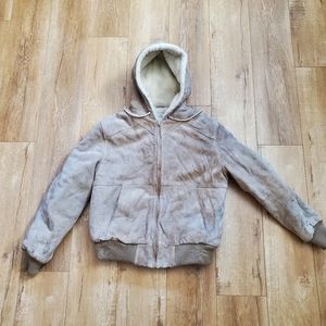 Sz L Outerbound by HMS Beige Leather Suede Jacket Hooded Bomber Thick Heavy FAIR
